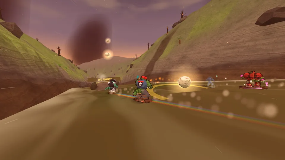 A pack of dinos racing down the mud river of Dino Madness