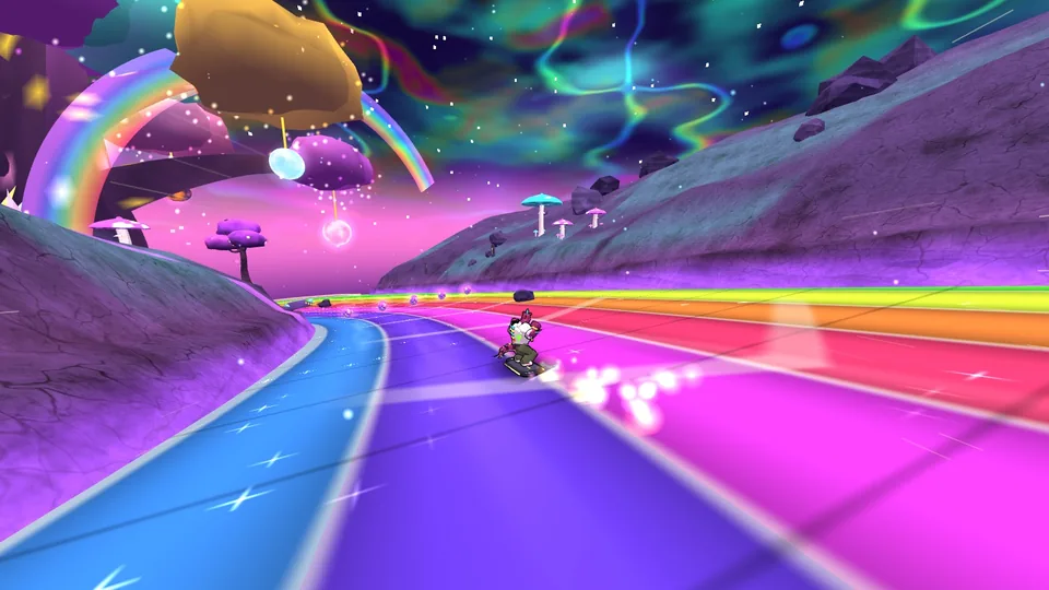 A rider carving down the rainbow road of Yggdrasil Rainbow Run